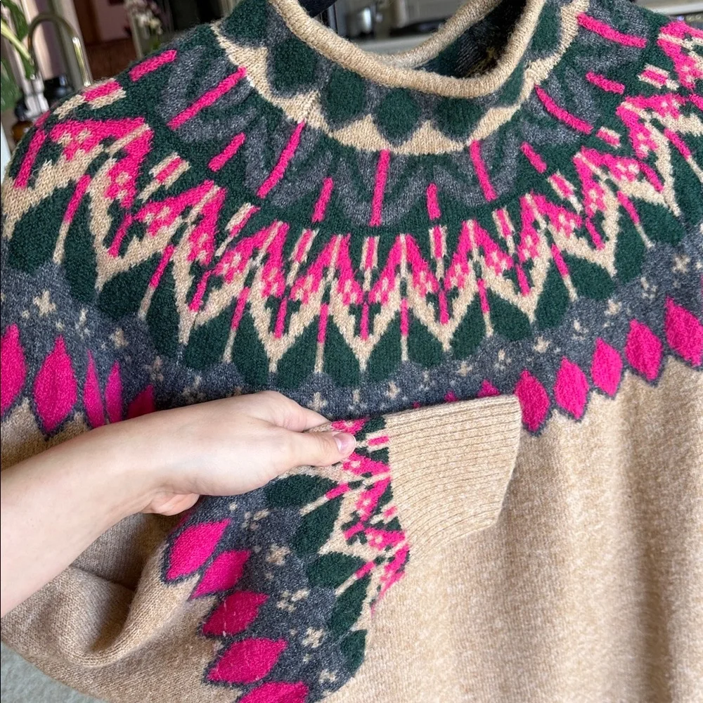 CeCe Beige Cowlneck Sweater with Pink & Dark Green Fair Isle Yoke - Picture 3 of 3